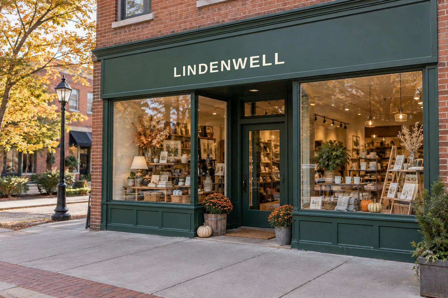 Illustrative LINDENWELL storefront with a readable sign, central glass entrance and warmly lit display windows.