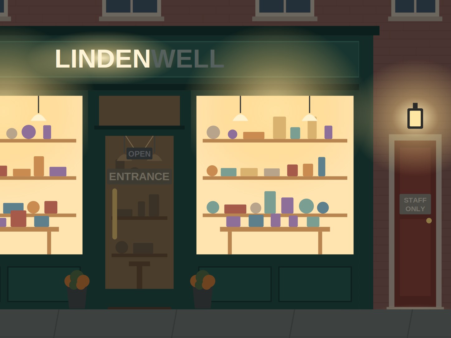 Illustration of the same storefront after dark: part of the name is unlit, the door is dim between bright windows, and the side-door lamp is the brightest point.