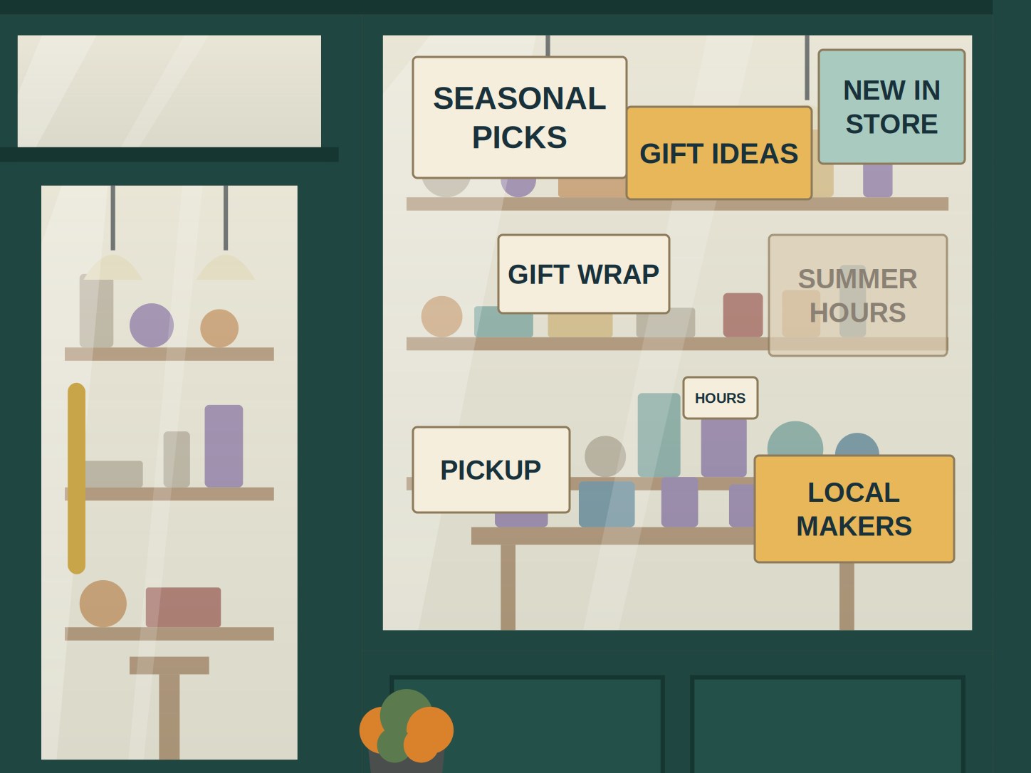Illustration of a shop window crowded with eight promotional cards, an outdated summer-hours notice and a small current-hours card.