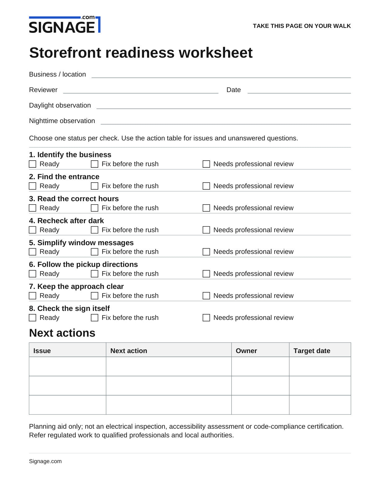 Page 7 of the guide: the storefront readiness worksheet with eight checks, three status columns and a next-actions table.