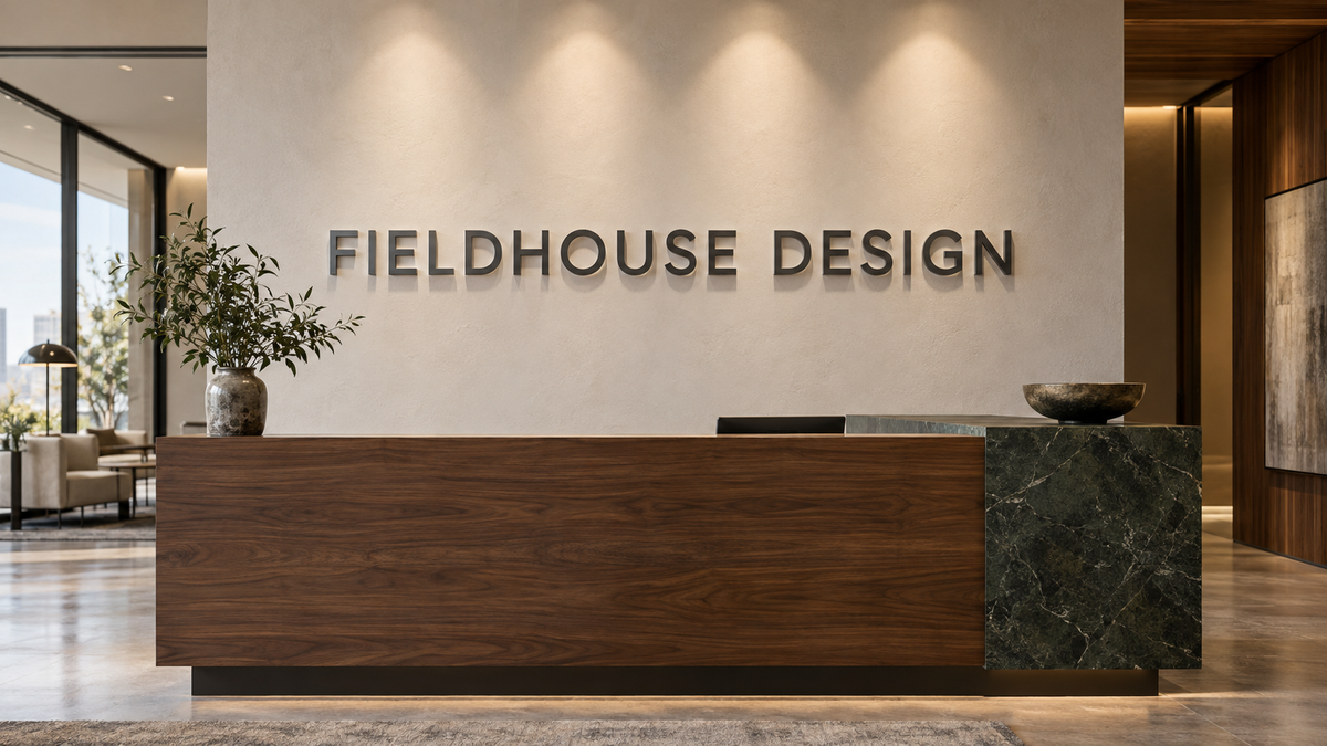 Conceptual Fieldhouse Design headquarters with separate acrylic letterforms on a blue feature wall.