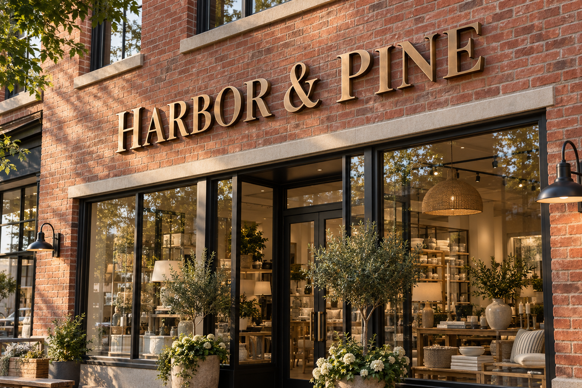 Conceptual HARBOR & PINE dimensional letter sign on a brick shop facade