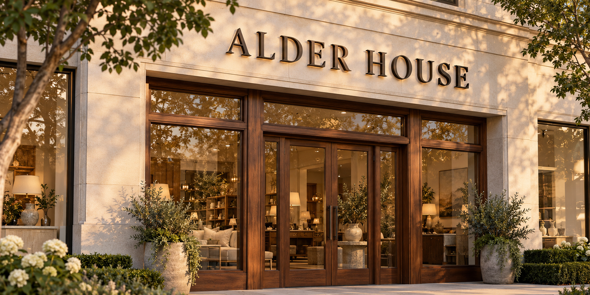 Conceptual ALDER HOUSE exterior dimensional sign at a premium home-goods showroom.