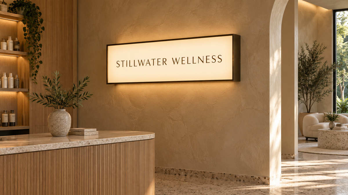 Conceptual Stillwater Wellness wellness studio with an illuminated enclosed wall lightbox.