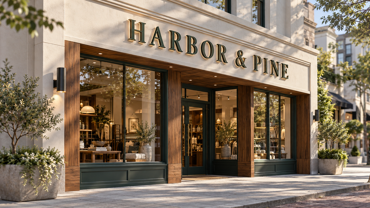 Conceptual Harbor & Pine leased storefront with literal dimensional lettering