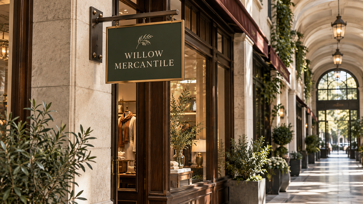 Conceptual Willow Mercantile boutique wall-mounted flat blade at its limestone arcade threshold.
