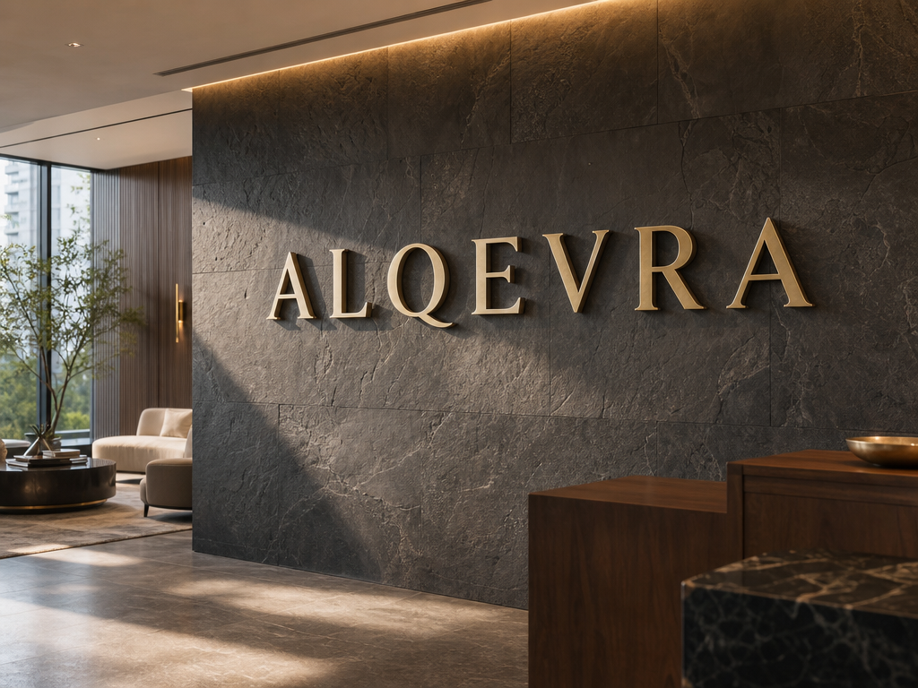 Conceptual ALQEVRA headquarters arrival with separate champagne metal letters on charcoal stone