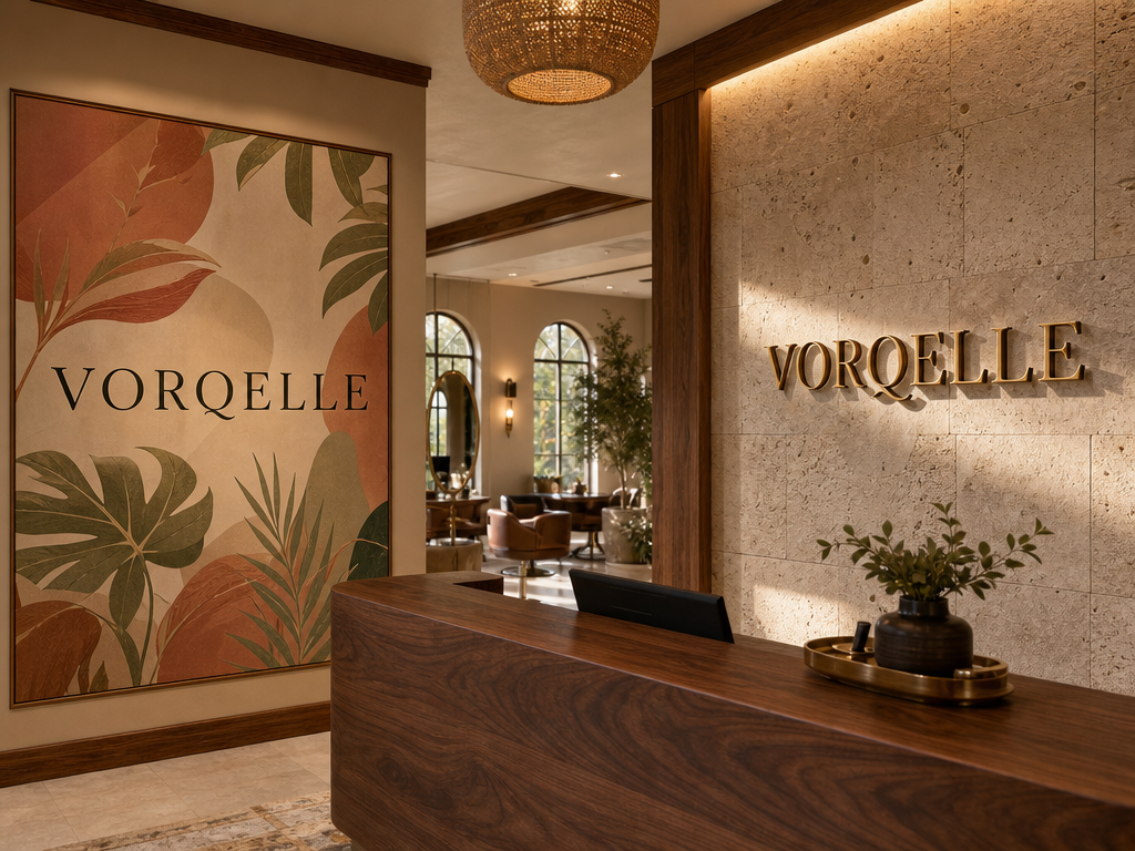 Conceptual VORQELLE lounge showing a full-color printed brand panel beside raised bronze letters