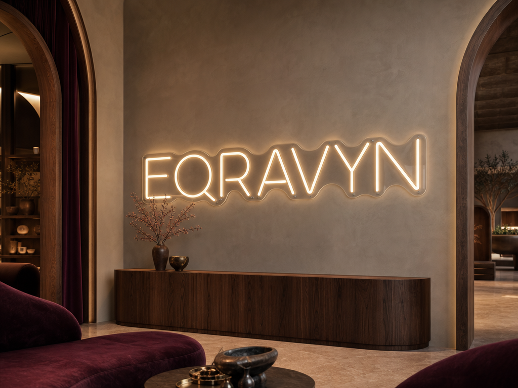 Conceptual daylit EQRAVYN studio with a backed LED-neon-style wordmark