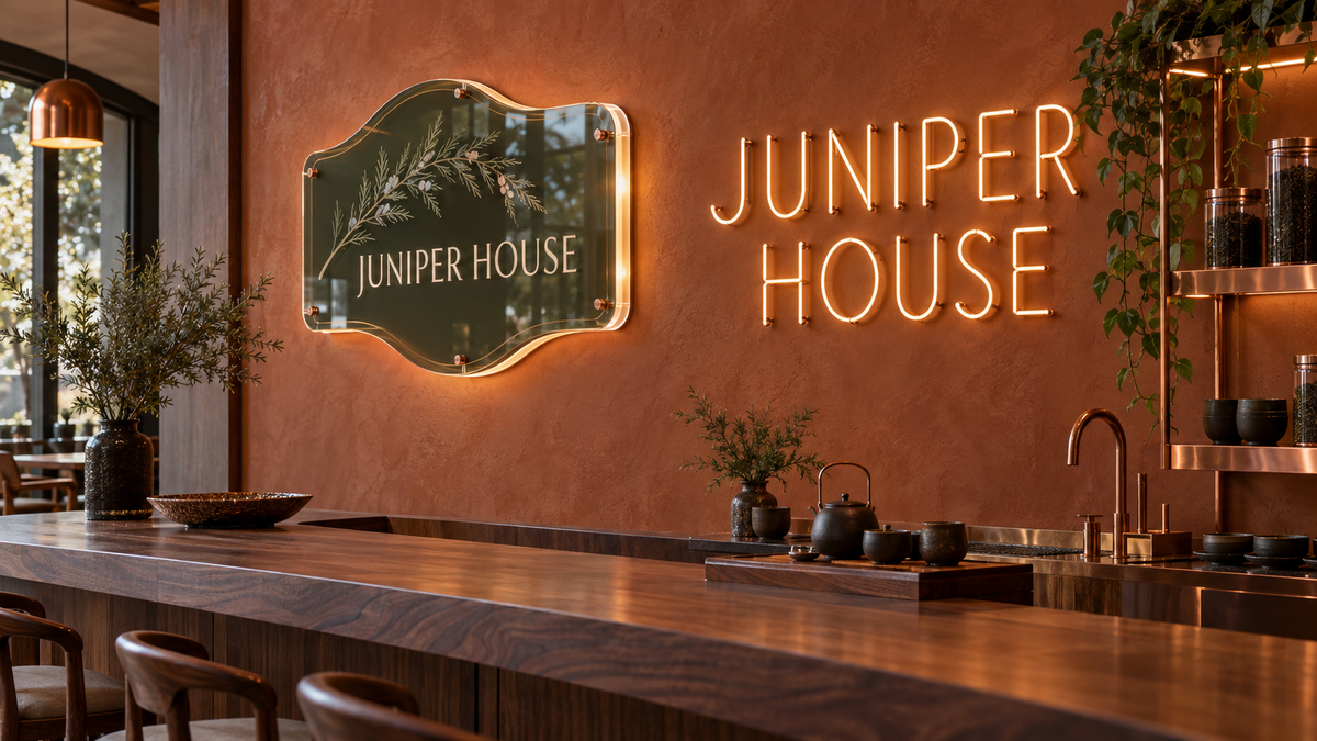 Conceptual JUNIPER HOUSE tea bar comparison of an acrylic-panel glow and a separate LED-neon-style line