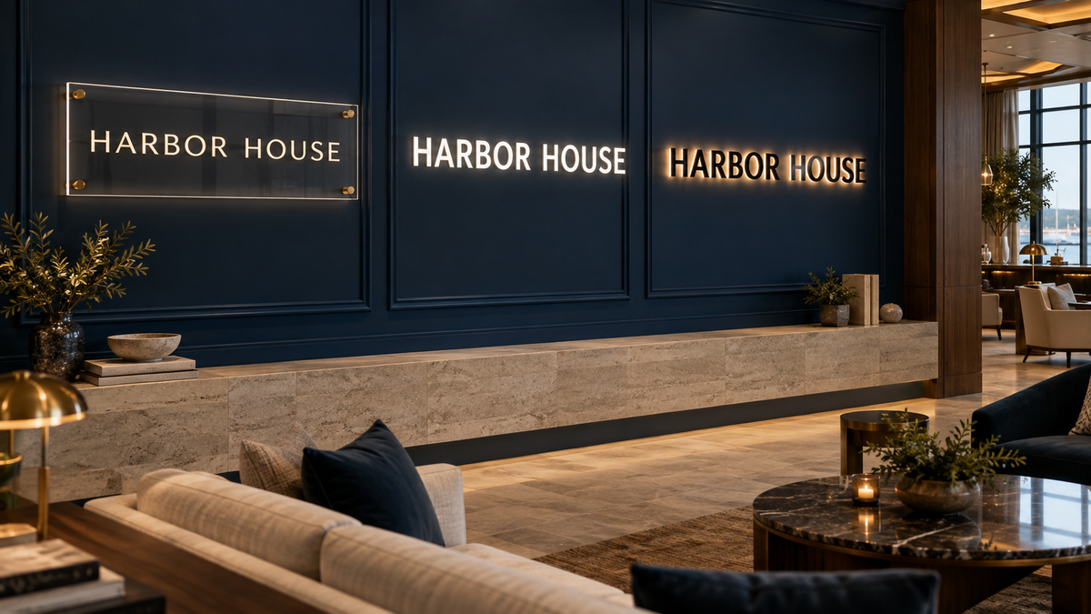 Conceptual HARBOR HOUSE lounge showing edge-lit, face-lit and halo-lit acrylic-logo effects side by side