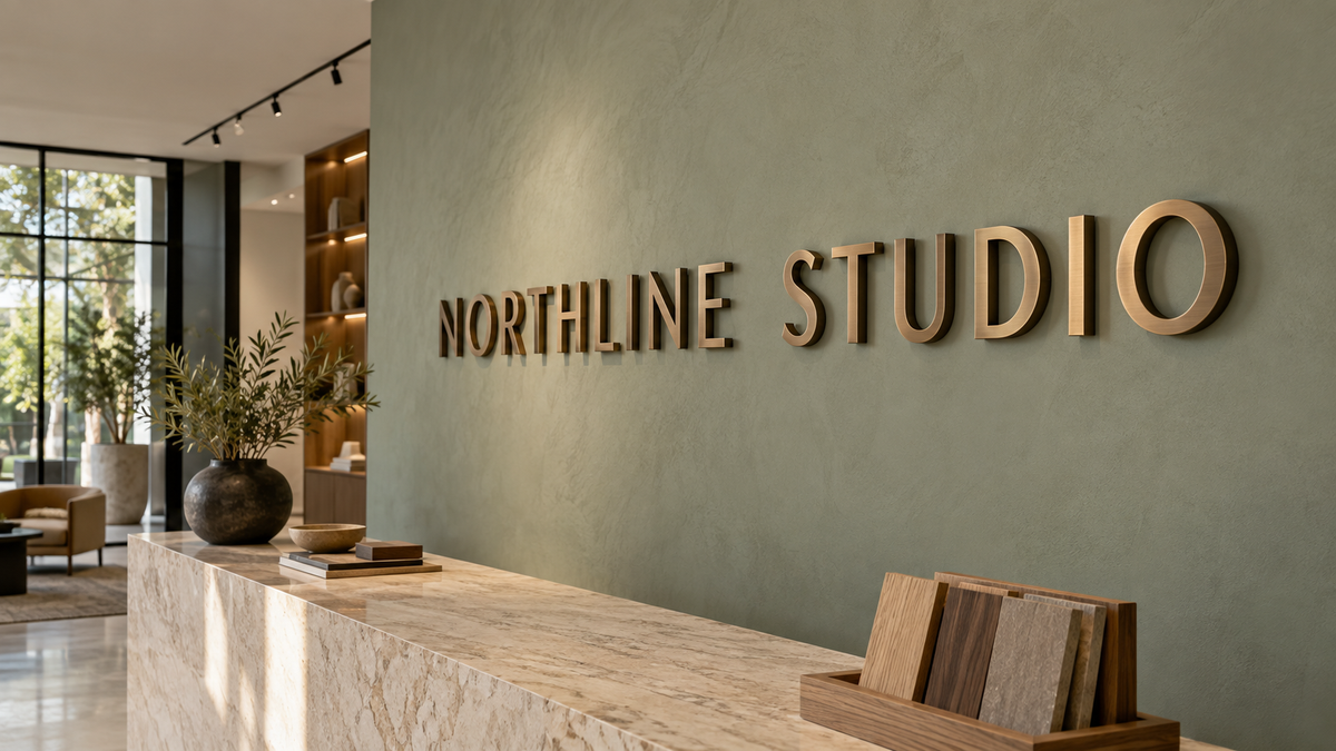 Conceptual NORTHLINE STUDIO design showroom showing the depth and spacing of separate bronze letters