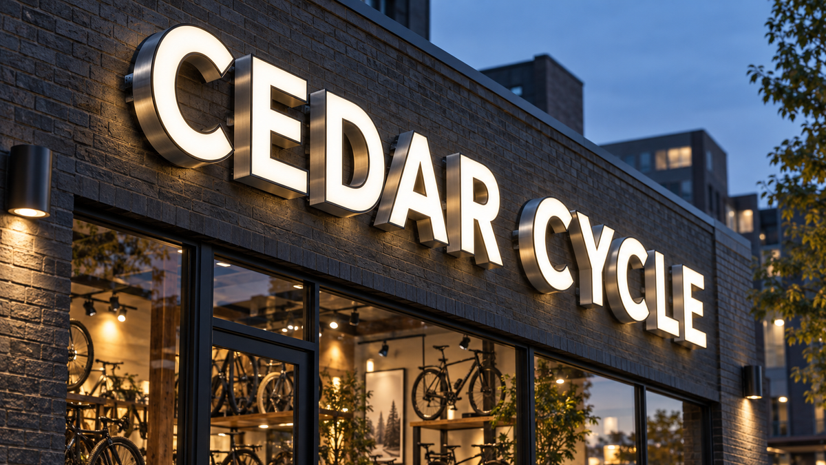 Conceptual CEDAR CYCLE channel letters showing illuminated faces, dark borders and side depth