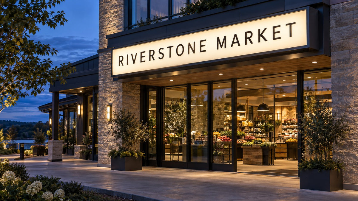 Premium illuminated RIVERSTONE MARKET lightbox sign with a clear high-contrast face