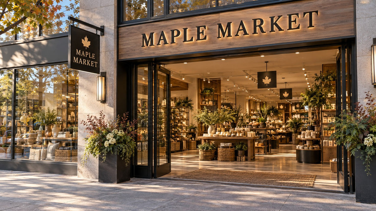 MAPLE MARKET retail storefront with coordinated exterior entrance and interior signage hierarchy