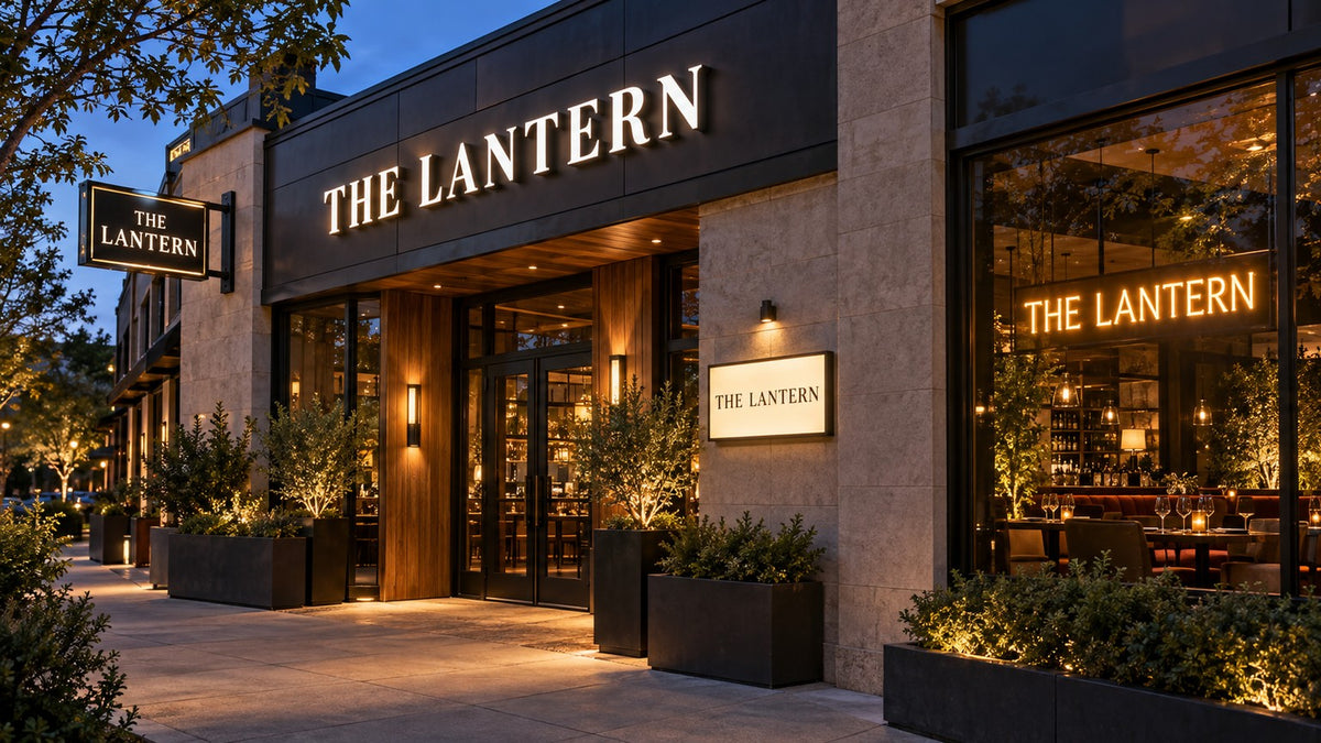 THE LANTERN restaurant facade combining premium channel letters lightbox blade sign and neon treatments