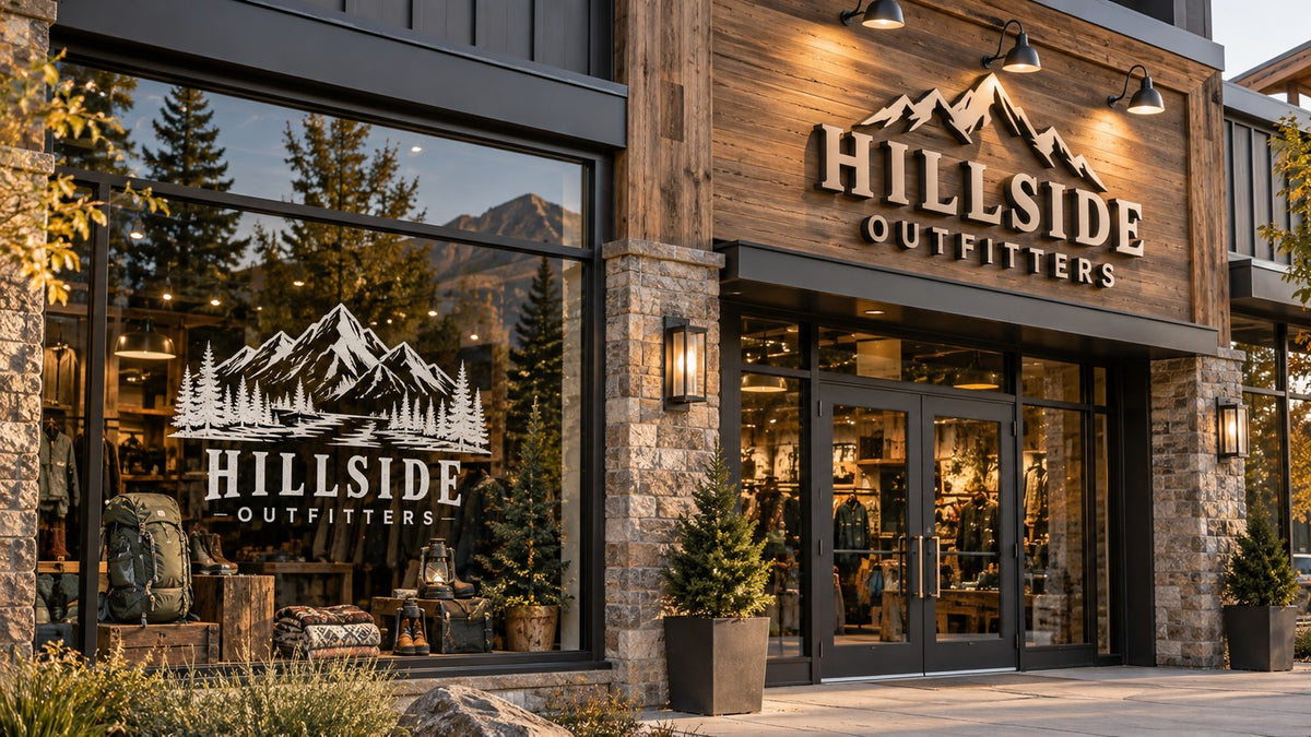 HILLSIDE OUTFITTERS storefront showing a detailed brand mark adapted into a simpler outdoor sign