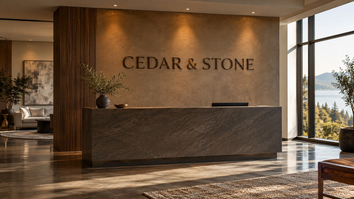 CEDAR & STONE brand wall with soft accent light and strong ambient daylight
