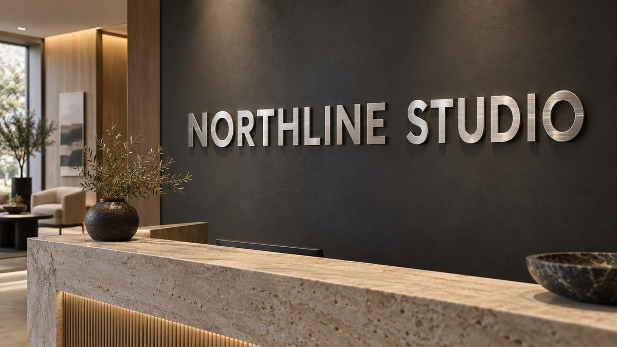 NORTHLINE STUDIO sheet-cut metal letters with a brushed face in a commercial reception