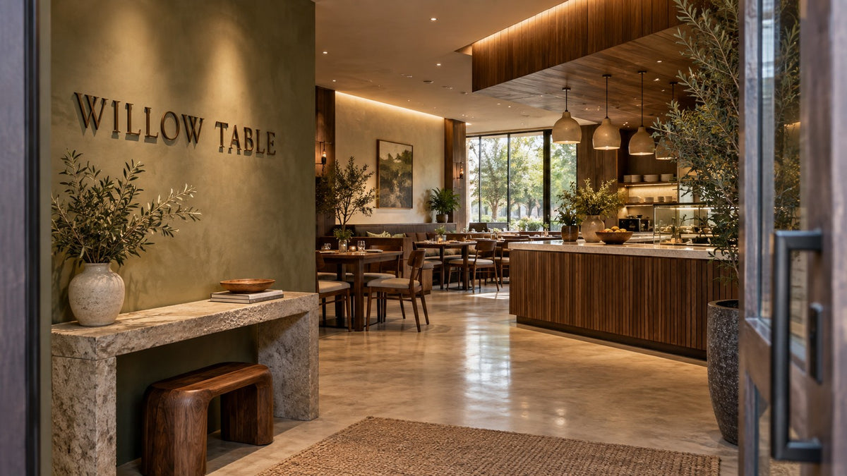 WILLOW TABLE restaurant entrance with a prominent brand wall and a clear guest approach