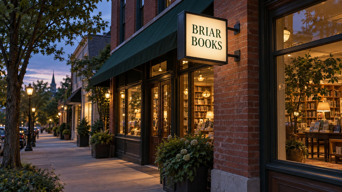 Conceptual BRIAR BOOKS illuminated lightbox blade viewed from a sidewalk at dusk