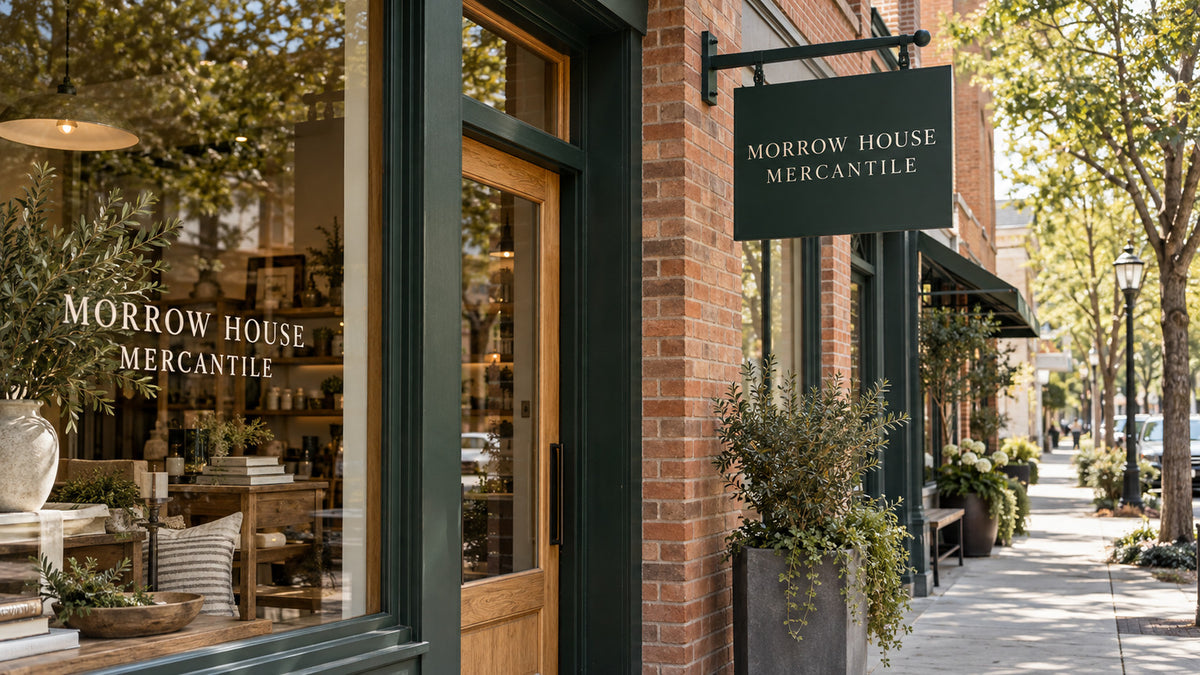 Conceptual boutique storefront with a flat MORROW HOUSE MERCANTILE blade sign