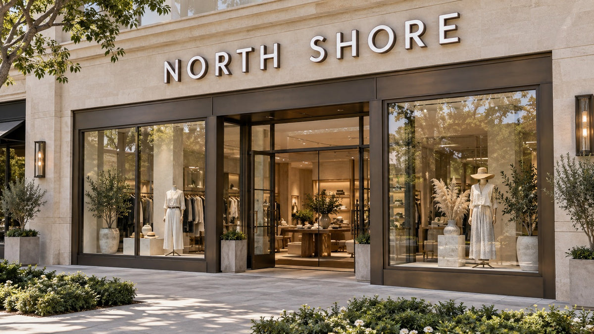 Conceptual NORTH SHORE storefront with individual channel letters across the facade