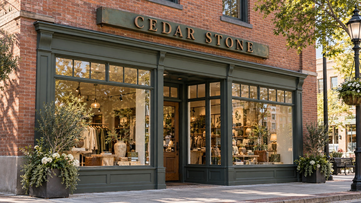 Conceptual CEDAR STONE storefront before replacement, with aged letters on a projecting raceway