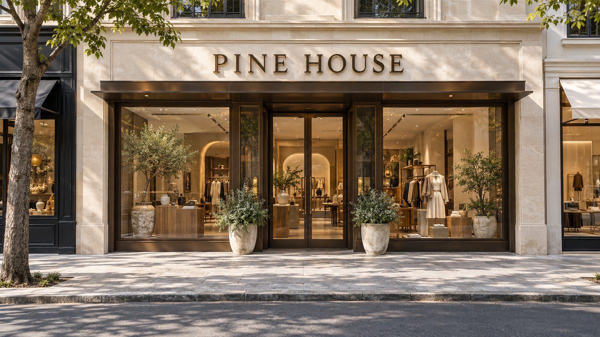 Conceptual PINE HOUSE boutique storefront in daylight, showing a complete dimensional sign and the broader facade context