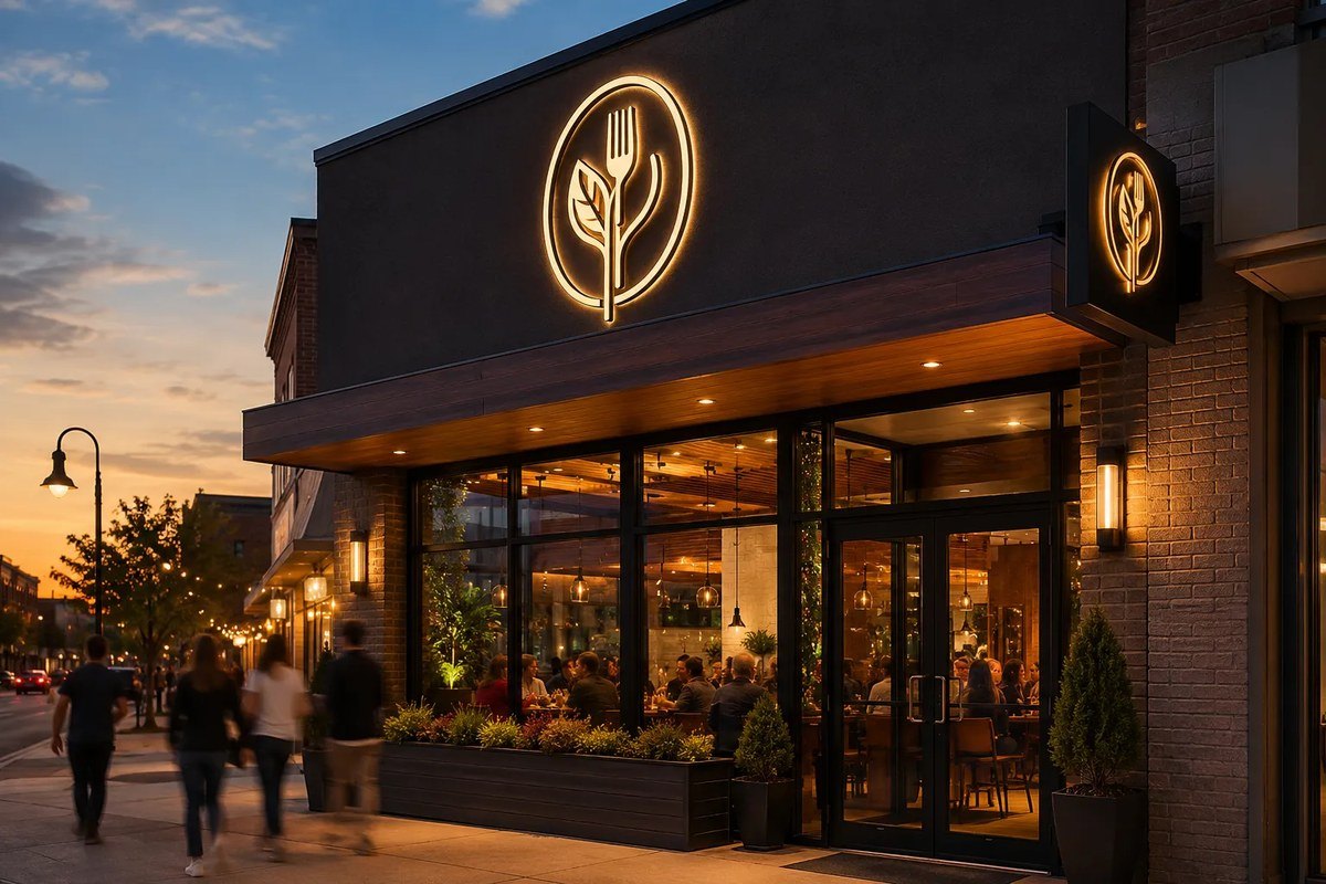Restaurant storefront at dusk with illuminated facade and blade signs.