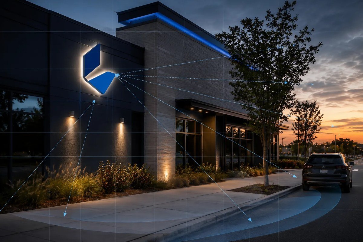 Commercial facade with an illuminated abstract sign and sightline overlays.
