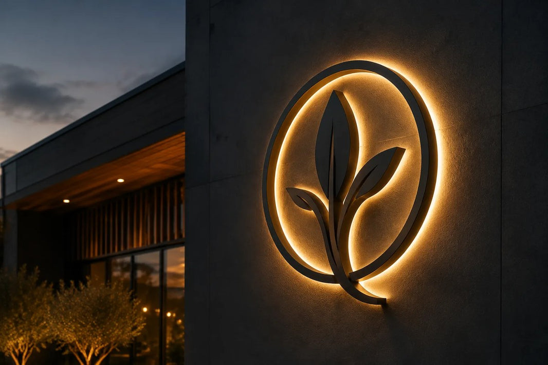 Abstract halo-lit dimensional business sign on a modern facade at dusk
