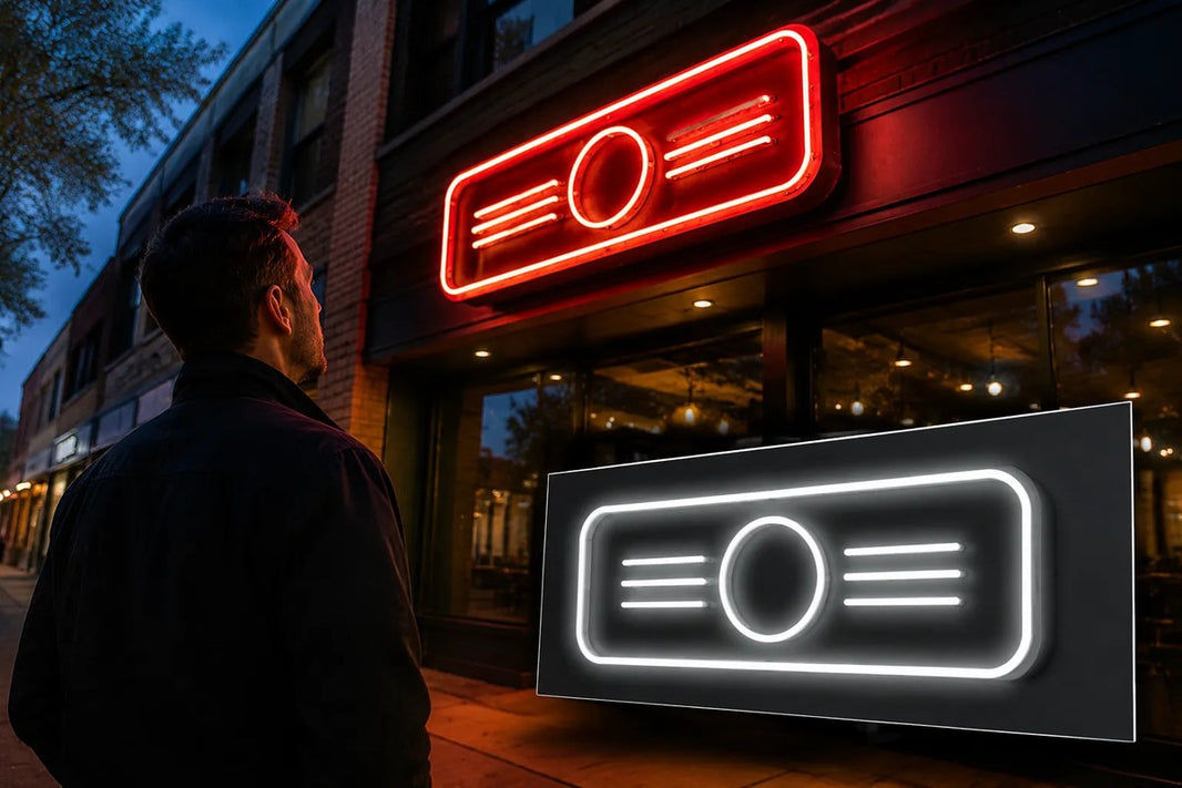 Business owner evaluating an existing neon sign and a replacement concept