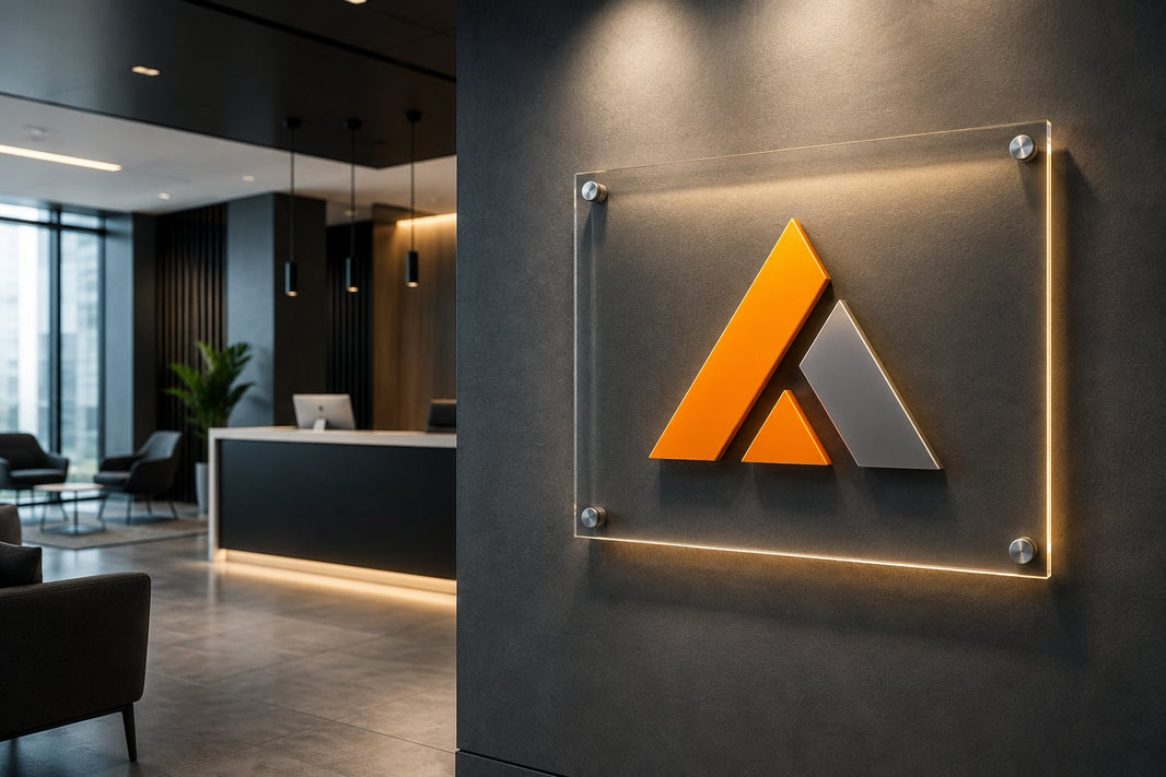 Modern office lobby with an illuminated acrylic business sign featuring a company logo, mounted on a textured grey wall above a reception desk