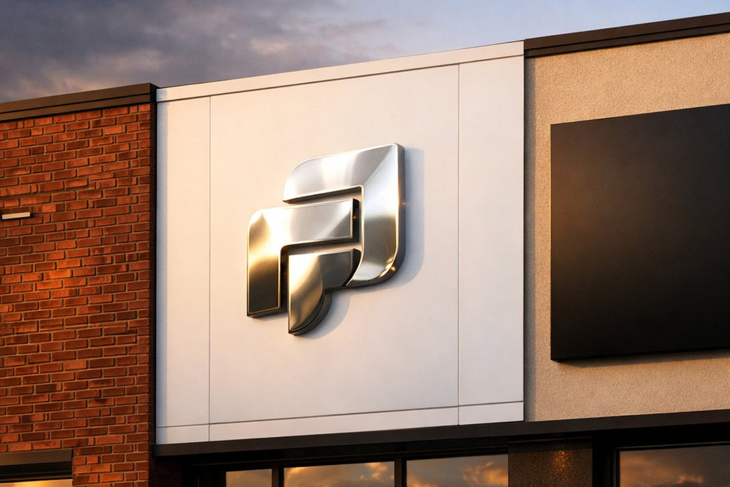 Three outdoor storefront signs side by side on a modern commercial building facade at golden hour: brushed aluminum channel letters, a polished stainless steel dimensional logo, and an illuminated panel sign.