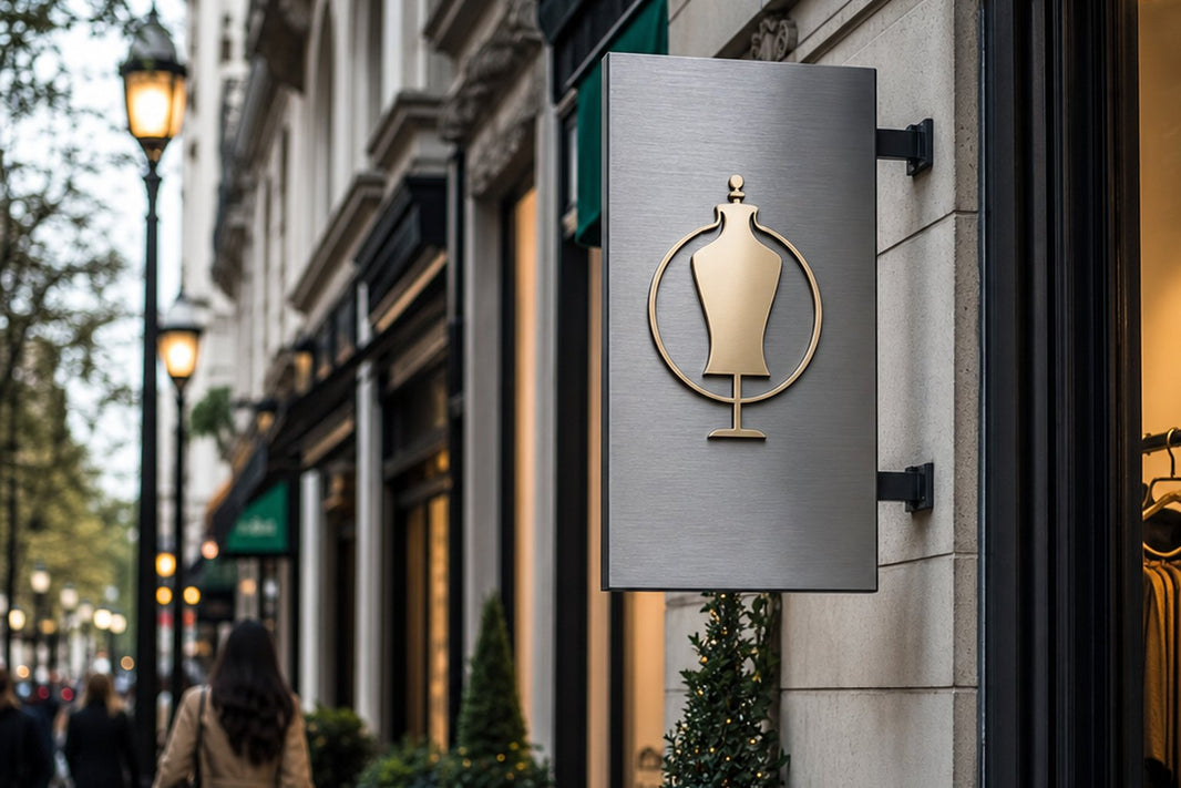 Conceptual street scene with a brushed-metal blade sign projecting from a boutique storefront