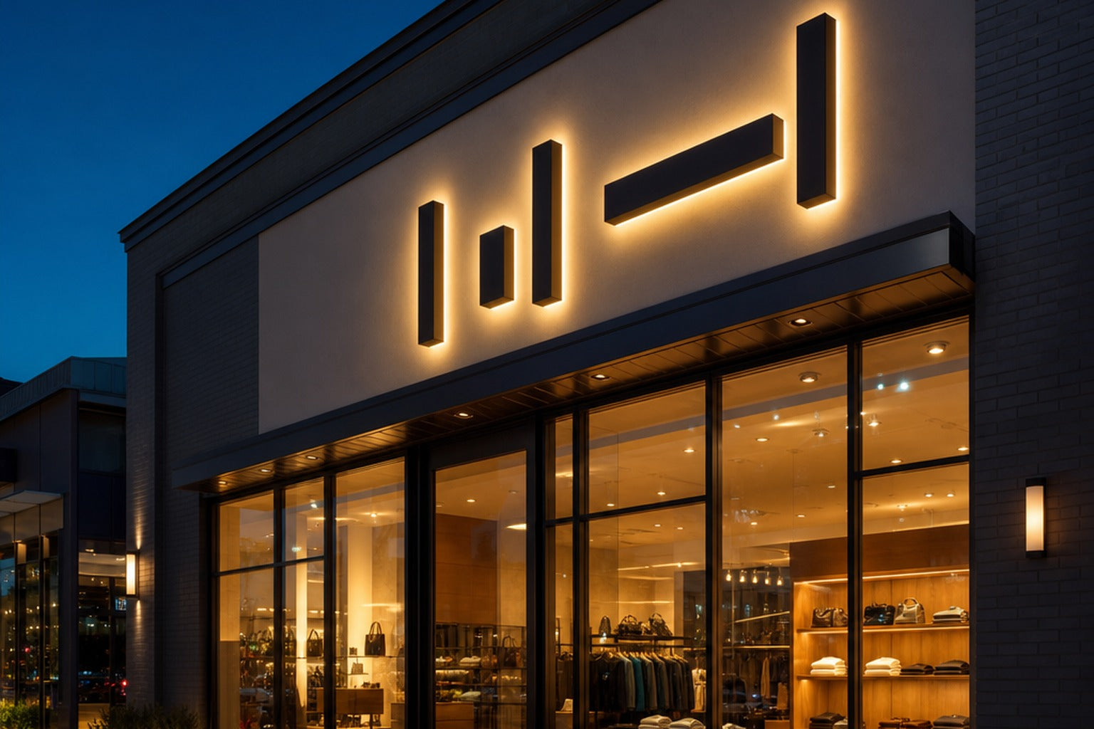 Modern retail storefront at dusk with illuminated front-lit channel letter signs mounted above large glass windows