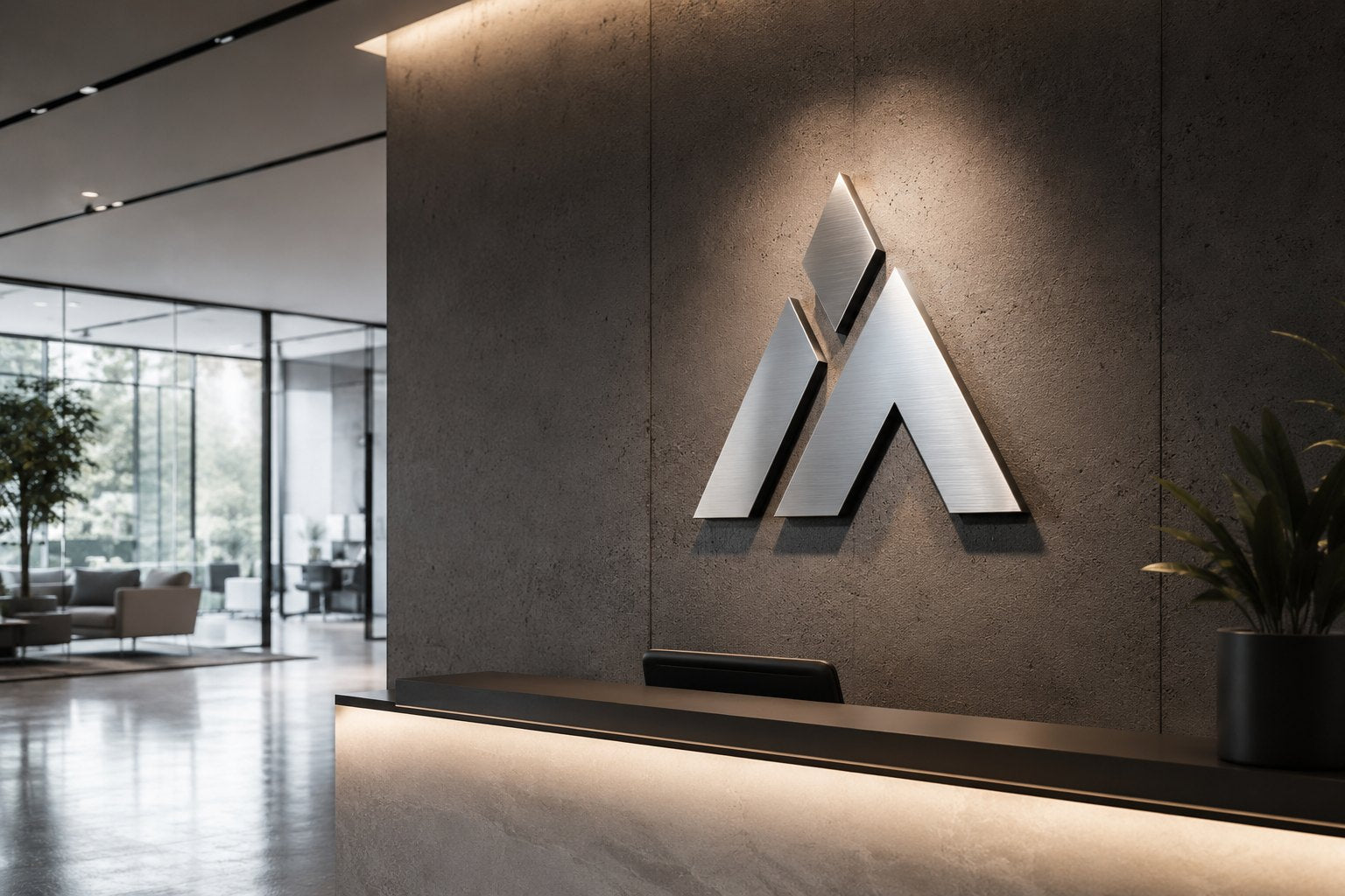 Modern office lobby with a professionally installed brushed-metal flat cut letter sign on a textured wall, showing a minimalist company logo in a clean sans-serif font under subtle ambient lighting.