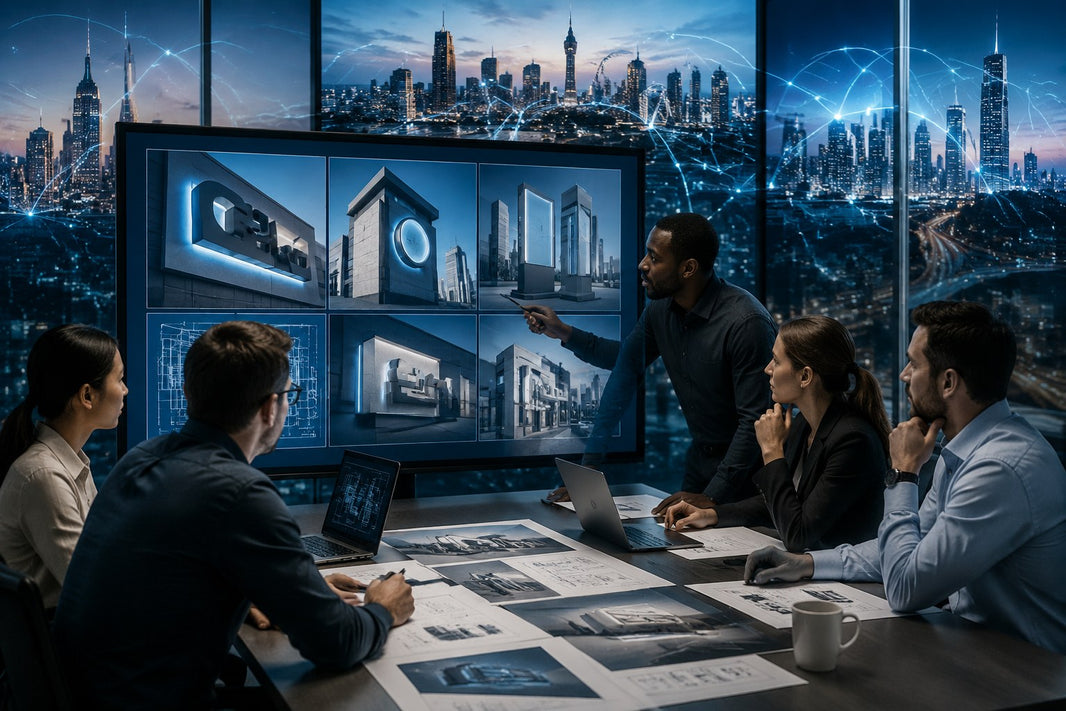 Conceptual illustration of a team comparing commercial sign designs across multiple locations