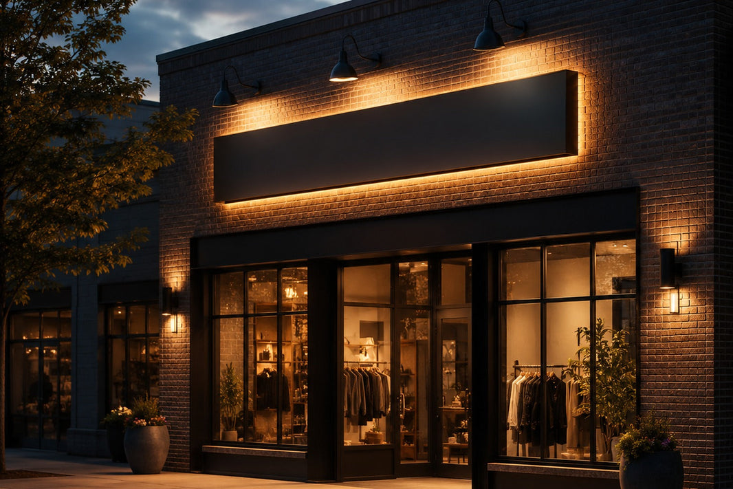 Modern retail storefront at dusk with a blank halo-lit rectangular sign panel on a brick facade