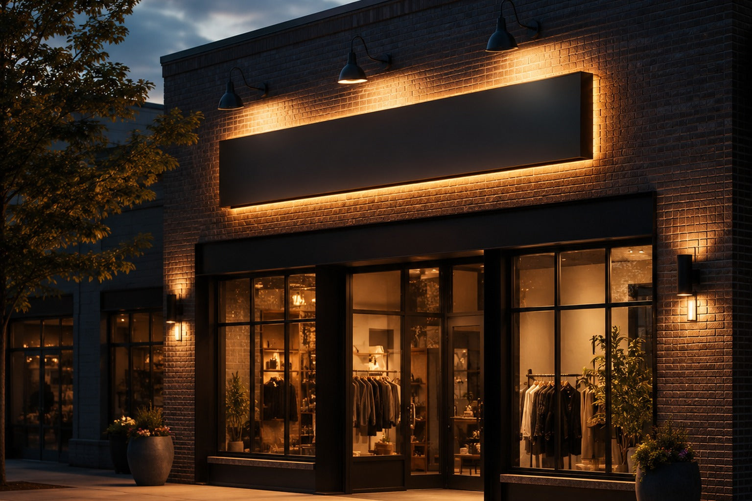 Modern retail storefront at dusk with a blank halo-lit rectangular sign panel on a brick facade