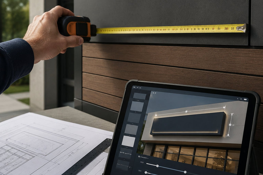 Close-up of a hand holding a measuring tape against a building facade, with architectural notes and a tablet in the background showing a Signage.com Design Studio mockup - a digital preview of a custom business sign with adjustable size parameters.