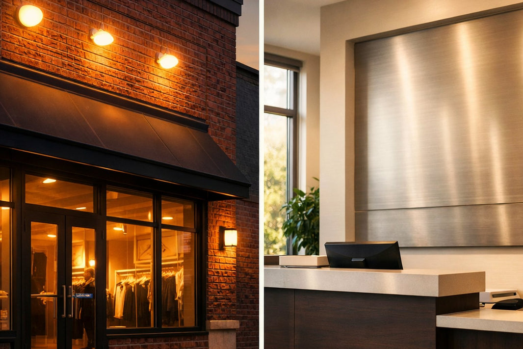 Split editorial scene: an illuminated channel letter storefront sign at dusk on the left, and a brushed metal dimensional letter wall sign in a bright interior lobby on the right.