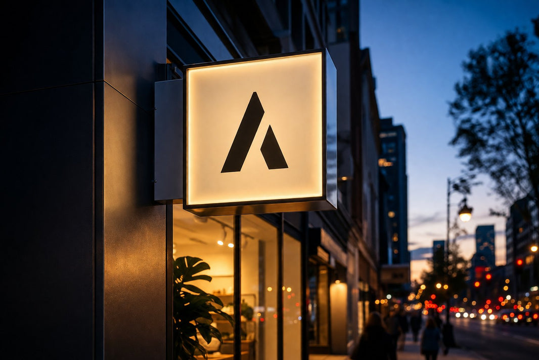 Modern illuminated lightbox sign glowing above a storefront at dusk on a busy commercial street