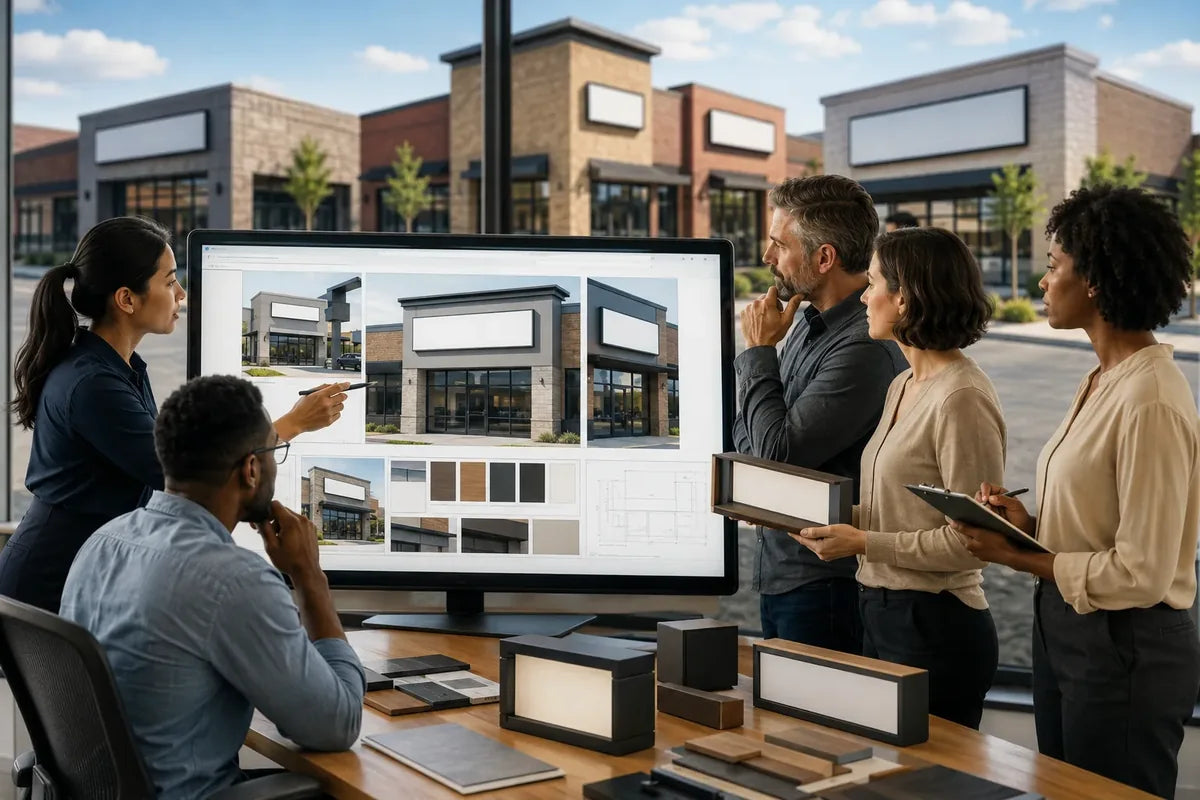 Multi-location signage planning team reviewing sign mockups and material samples on a large display in a conference room.