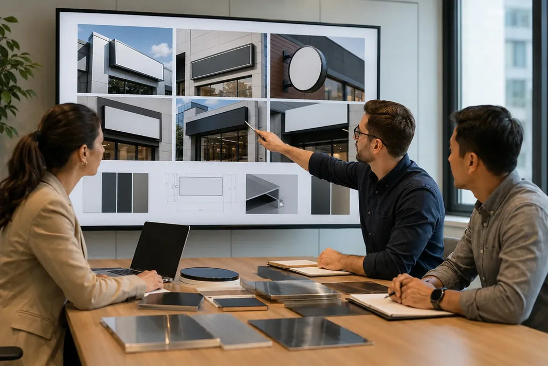 Team reviewing storefront sign mockups and physical material samples on a display in a conference room.