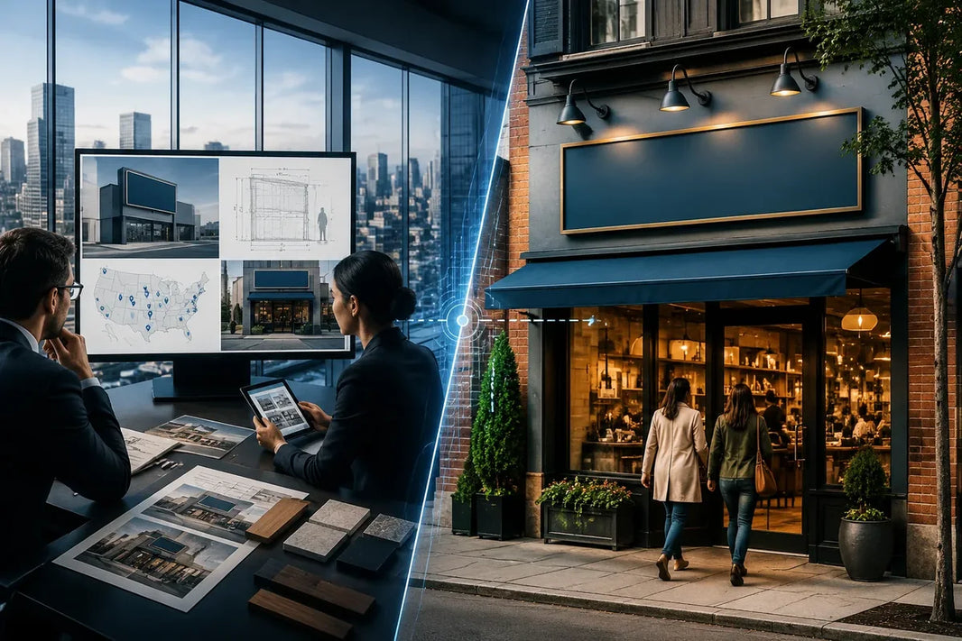 Conceptual illustration of centralized and location-level sign approval planning for a multi-location business.