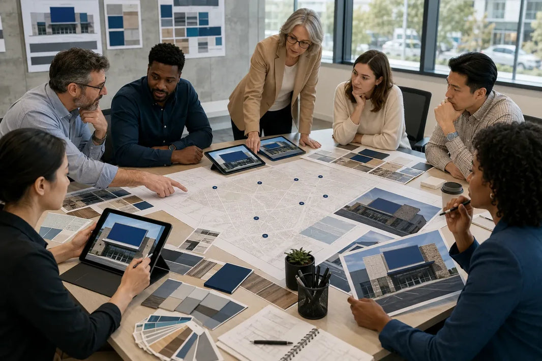 Conceptual illustration of a multi-location team preparing a signage quote request.