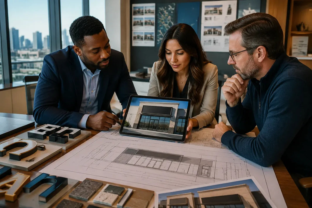 Property, brand, and operations staff reviewing a signage project at a table with blank sign concepts.