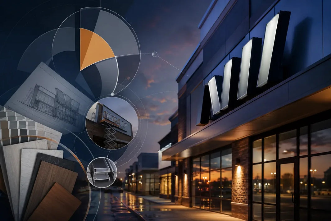 Conceptual editorial illustration of a channel letter storefront sign at dusk with abstract cost-planning shapes overlaid.
